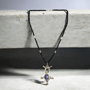 Old Tuareg Blue Agate Agadez Amulet Pendant Necklace + Onyx beads Amazigh Africa